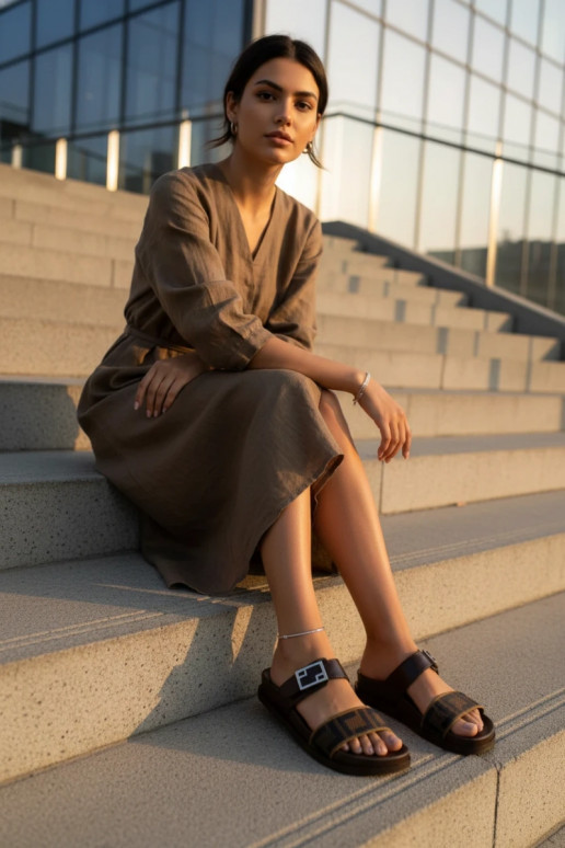 Chaussons pour femmes avec boucles dorées, couleur brune