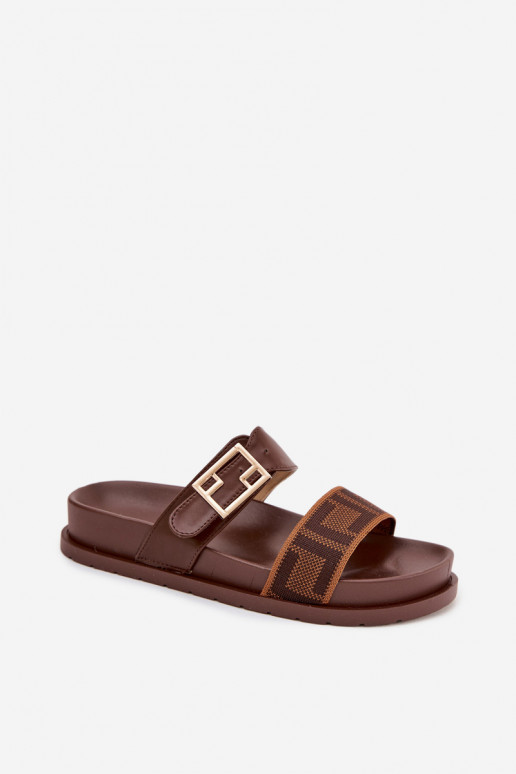 Damen Slipper mit goldenen Schnallen, braun