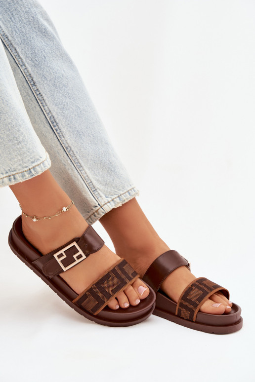 Damen Slipper mit goldenen Schnallen, braun