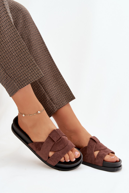 Damenhausschuhe aus Öko-INildlederoZue mit Streifen dunkelbraun Es mussrivessa