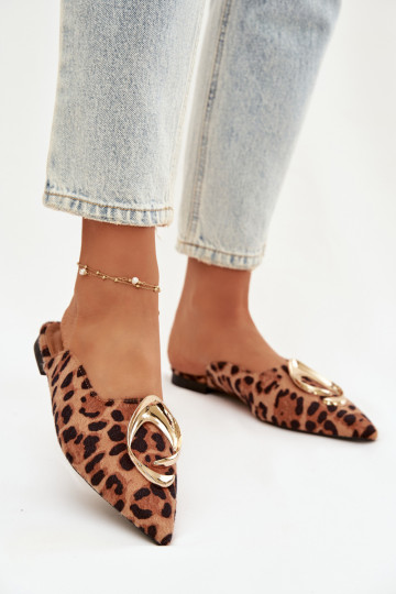 Damenhausschuhe Mule Mit Dekorationen goldene Farbem Detalem mit Leopardenfellmuster Galvella