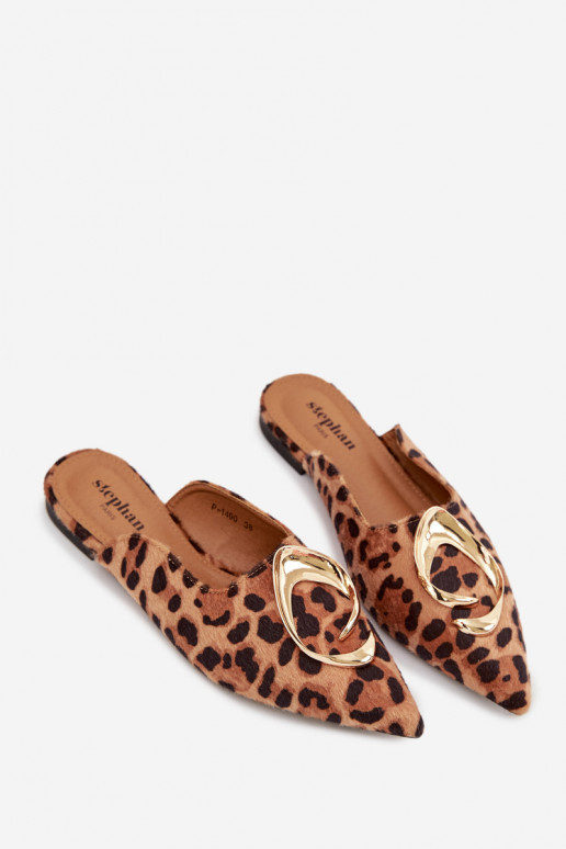 Pantoufles pour femmes Mule Avec des décorations couleur doréem Detalem avec des motifs en fourrure de léopard Galvella