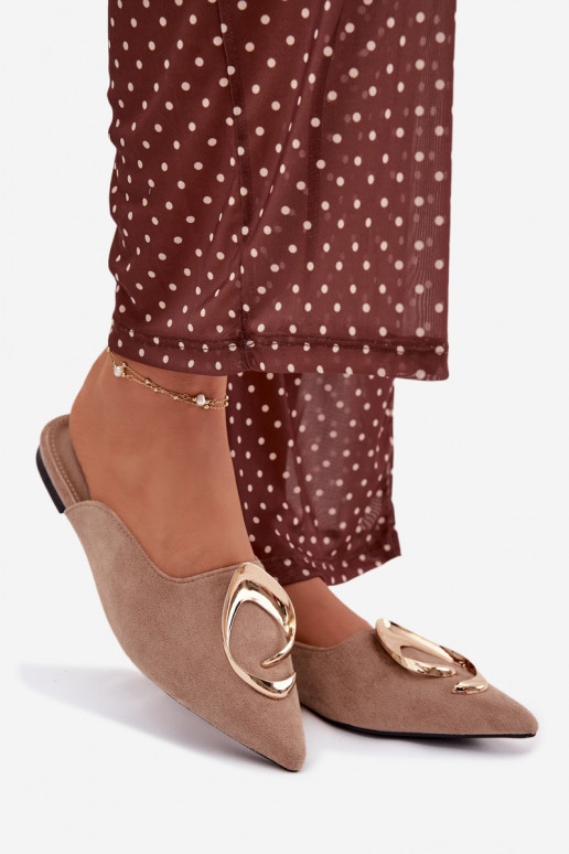 Damenhausschuhe Mule Mit Dekorationen goldene Farbem Detalem Beige Galvella