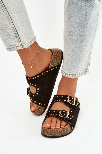 Damenhausschuhe Ze goldene Farbemi mit Schnallenmi Und Stollen schZuarze Farbe Tervina