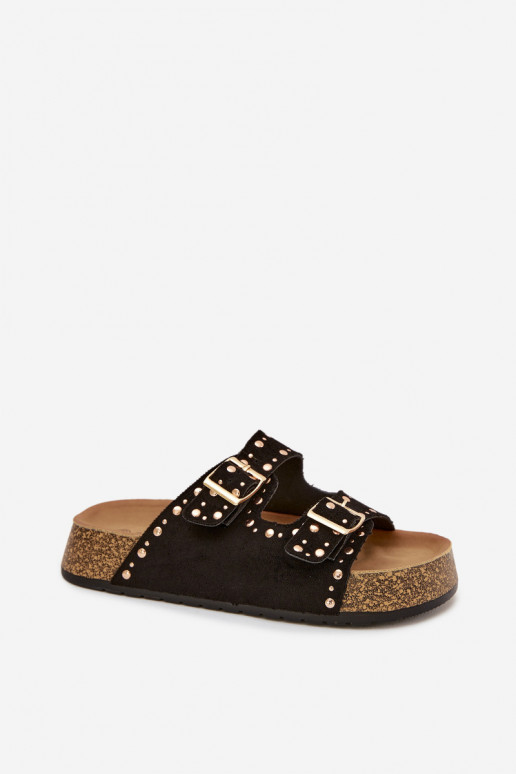 Pantoufles pour femmes Ze couleur doréemi avec bouclesmi Et des clous couleur noire Tervina