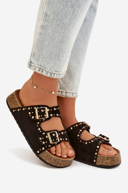 Pantoufles pour femmes Ze couleur doréemi avec bouclesmi Et des clous couleur noire Tervina