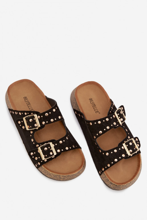 Damenhausschuhe Ze goldene Farbemi mit Schnallenmi Und Stollen schZuarze Farbe Tervina