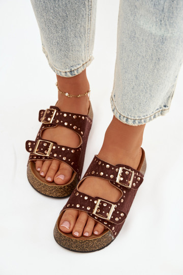 Dames bruine slippers met gouden gespen en studs Tervina
