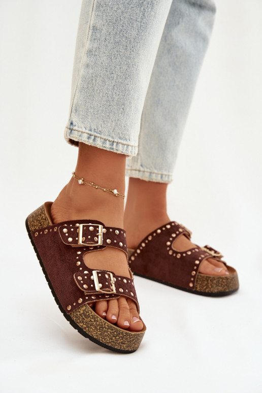 Damenhausschuhe Ze goldene Farbemi mit Schnallenmi Und Stollen braune Farbe Tervina