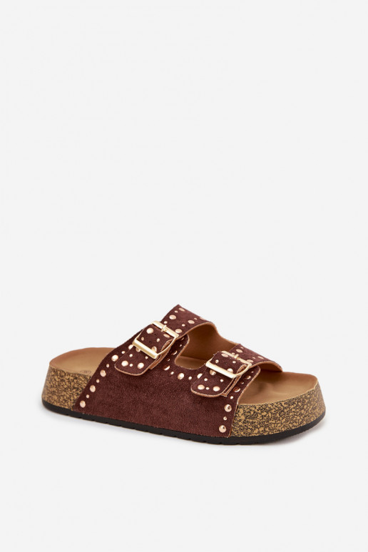 Pantoufles pour femmes Ze couleur doréemi avec bouclesmi Et des clous marron Tervina