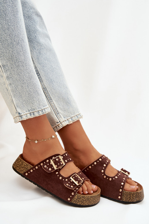 Pantoufles pour femmes Ze couleur doréemi avec bouclesmi Et des clous marron Tervina