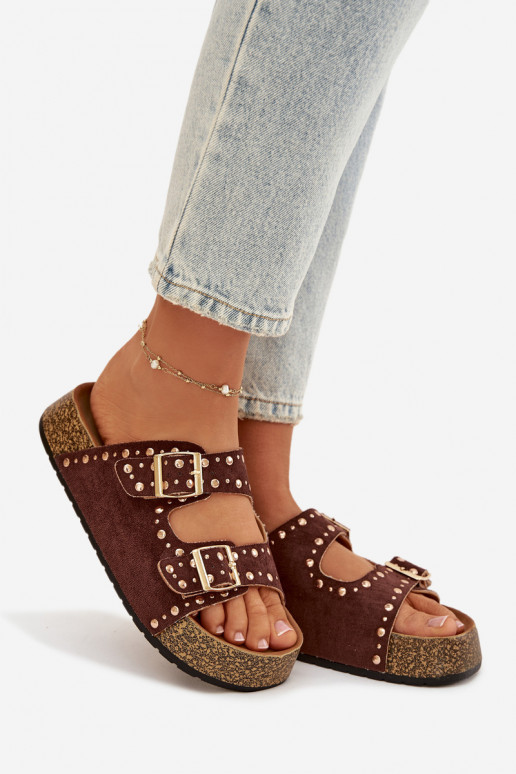 Damespantoffels Ze gouden kleurmi met gespenmi En studs bruine kleur Tervina