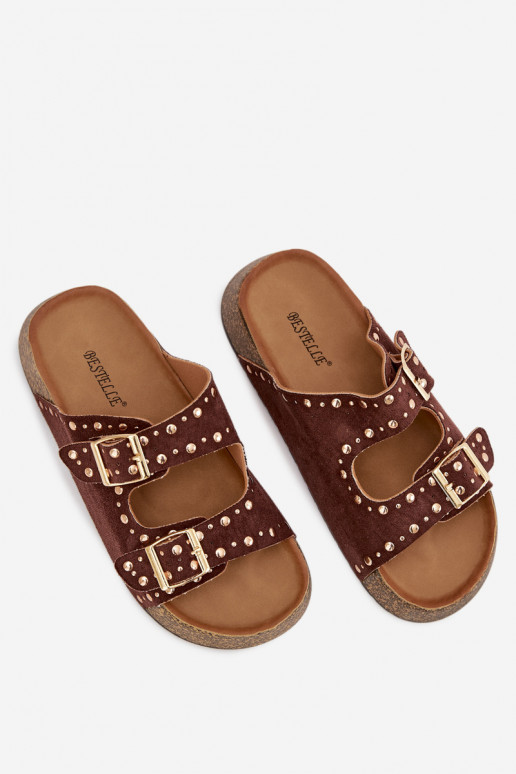 Pantoufles pour femmes Ze couleur doréemi avec bouclesmi Et des clous marron Tervina