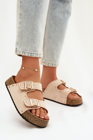 Dames ivoorkleurige slippers met gouden gespen en studs Tervina