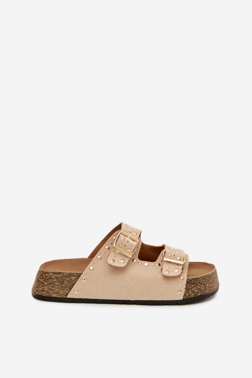 Pantoufles pour femmes Ze couleur doréemi avec bouclesmi Et des clous couleur ivoire Tervina