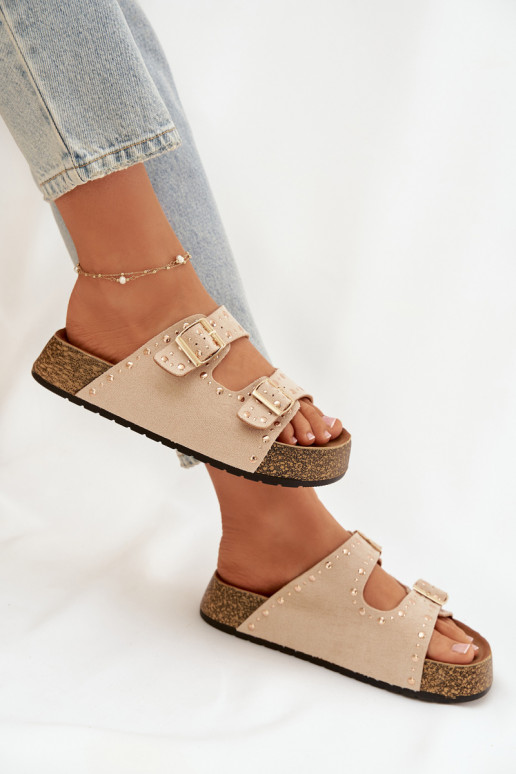 Pantoufles pour femmes Ze couleur doréemi avec bouclesmi Et des clous couleur ivoire Tervina