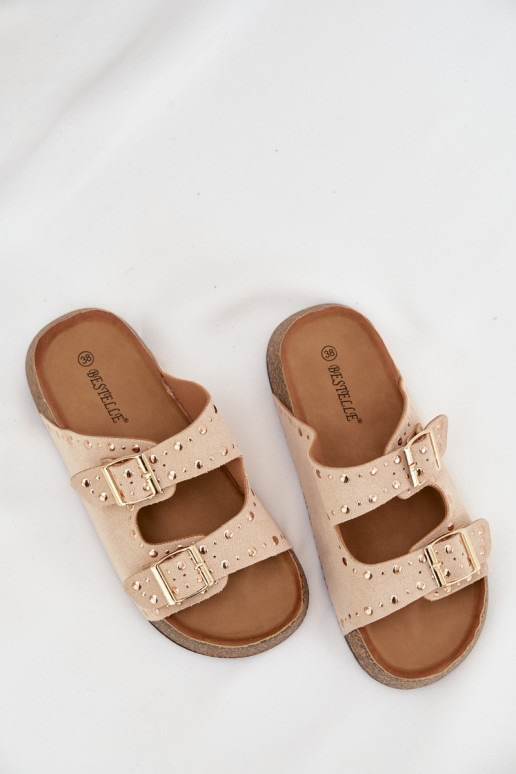 Damenhausschuhe Ze goldene Farbemi mit Schnallenmi Und Stollen elfenbeinfarbe Tervina