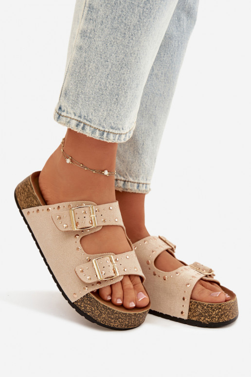 Pantoufles pour femmes Ze couleur doréemi avec bouclesmi Et des clous couleur ivoire Tervina