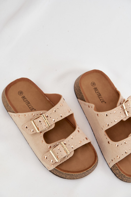 Damespantoffels Ze gouden kleurmi met gespenmi En studs ivoor Tervina