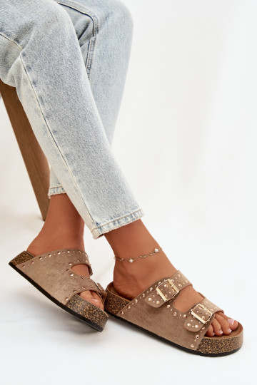 Pantoufles pour femmes Ze couleur doréemi avec bouclesmi Et des clous couleur kaki Tervina