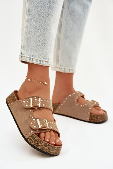 Damespantoffels Ze gouden kleurmi met gespenmi En studs kaki kleuren Tervina 2