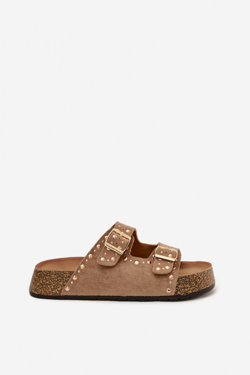 Pantoufles pour femmes Ze couleur doréemi avec bouclesmi Et des clous couleur kaki Tervina