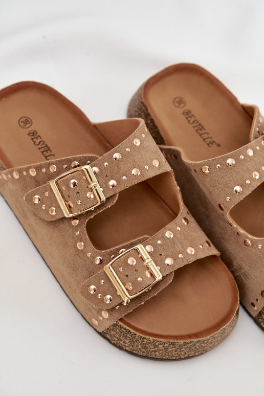 Damespantoffels Ze gouden kleurmi met gespenmi En studs kaki kleuren Tervina