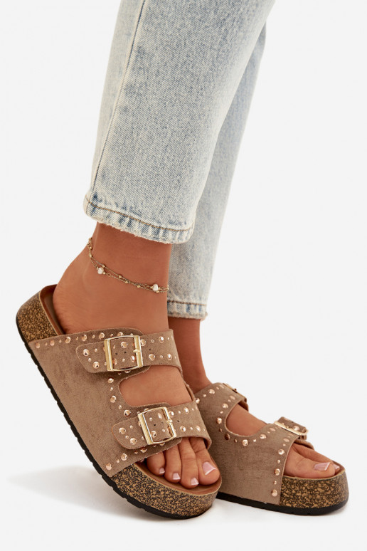 Damenhausschuhe Ze goldene Farbemi mit Schnallenmi Und Stollen Khaki-Farbe Tervina