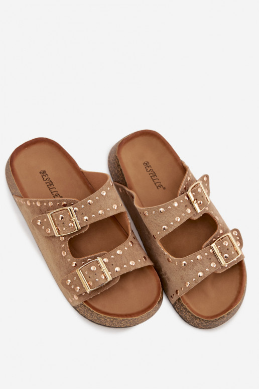 Damespantoffels Ze gouden kleurmi met gespenmi En studs kaki kleuren Tervina