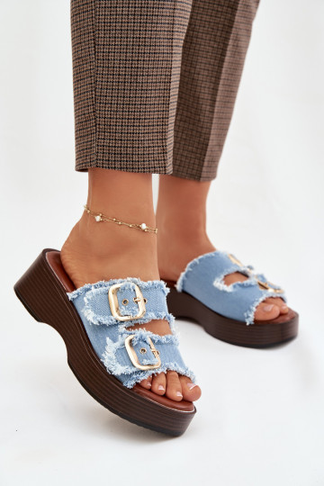 Damespantoffels met platform Ze gouden kleurmi met gespenmi blauIn Renelisse 2