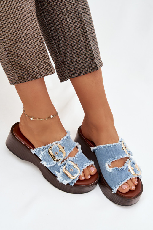 Damenhausschuhe mit einer Plattform Ze goldene Farbemi mit Schnallenmi blaue Farbe Renelisse