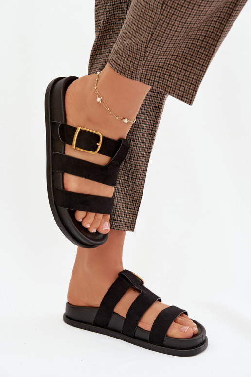 Pantoufles pour femmes avec des bandes I Złotą avec boucles couleur noire Ulirissa