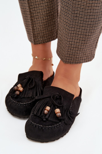 Damesmules met franjes in koraal en zwart