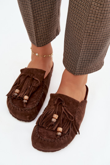 Pantoufles pour femmes Mule avec des franges I couleur corailikami CzekoladoÀe Belissa