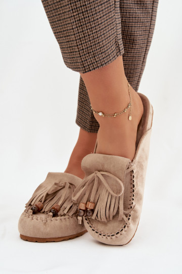 Damenhausschuhe Mule mit Fransen I Korallenfarbeikami Beige Belissa