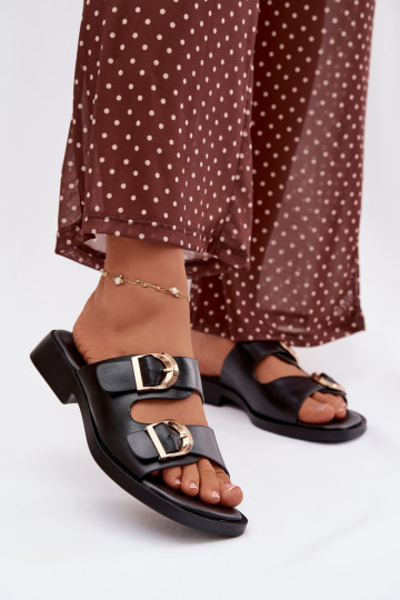 Damenhausschuhe Ze goldene Farbemi mit Schnallenmi schZuarze Farbe Danelle 2