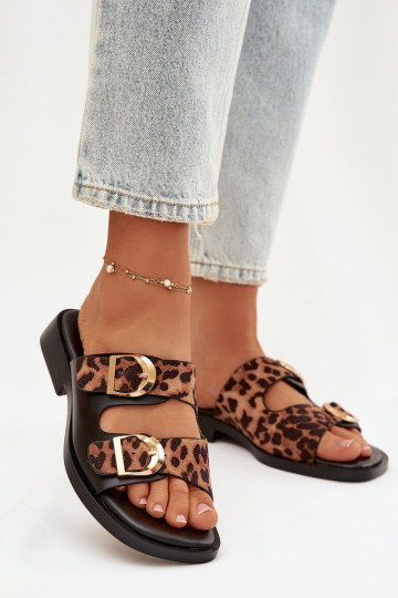 Sandales féminines à talons larges couleur or avec clous couleur noire
