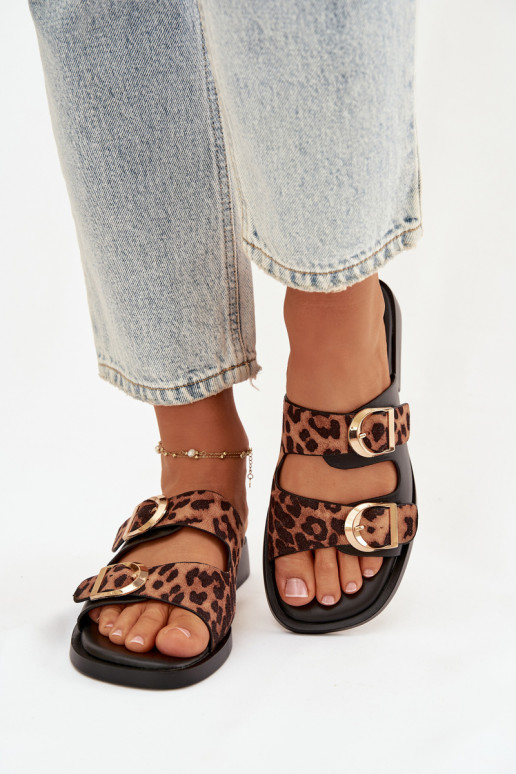 Pantoufles pour femmes Ze couleur doréemi avec bouclesmi avec des motifs en fourrure de léopard noir et marron Danelle