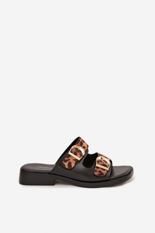 Damenhausschuhe Ze goldene Farbemi mit Schnallenmi mit Leopardenfellmuster schZuarz und braun Danelle