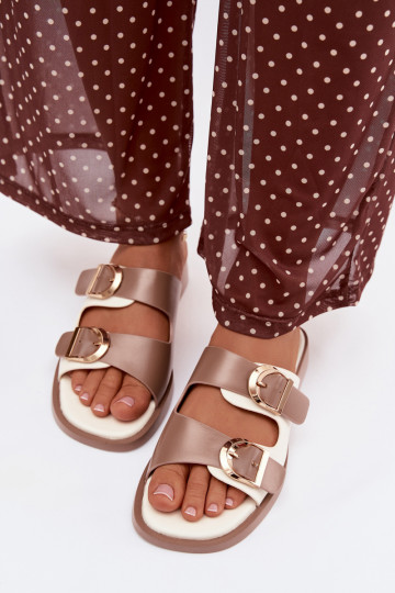 Damenhausschuhe Ze goldene Farbemi mit Schnallenmi Beige Danelle