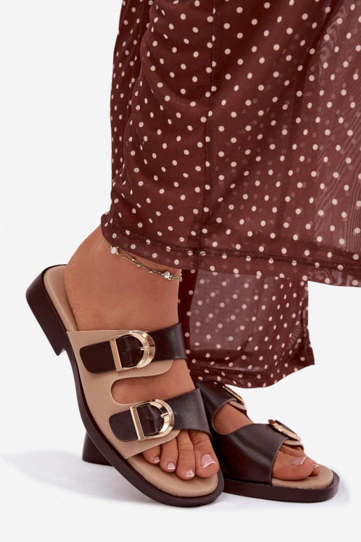 Damenhausschuhe Ze goldene Farbemi mit Schnallenmi Beige-braune Farbe Danelle