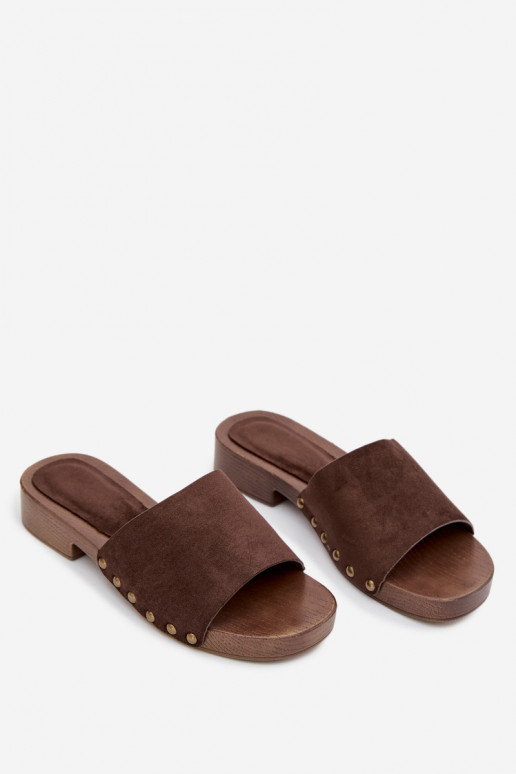 Damenhausschuhe mit breiten Absätzen Ze goldene Farbemi Stollen CzekoladoZue Girella