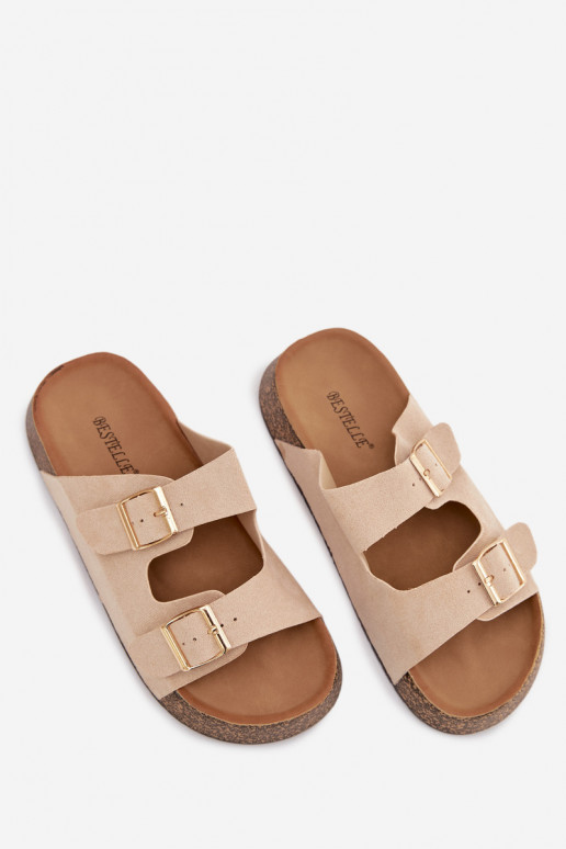 Damenhausschuhe mit einer Plattform Ze goldene Farbemi mit Schnallenmi elfenbeinfarbe Tovessa