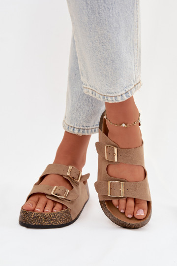 Damespantoffels met platform Ze gouden kleurmi met gespenmi beige Tovessa