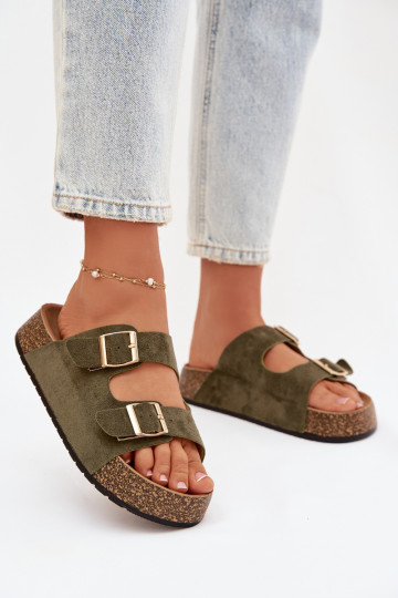 Groene damesplatformslippers met gouden gespen „Tovessa"