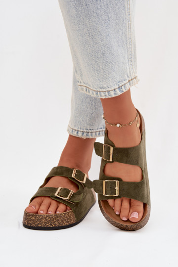 Damenhausschuhe mit einer Plattform Ze goldene Farbemi mit Schnallenmi grüne Farbe Tovessa 2