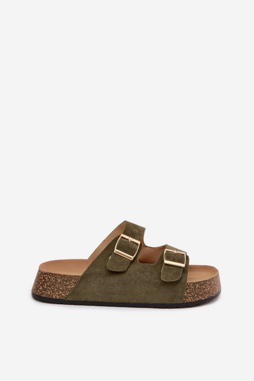 Damespantoffels met platform Ze gouden kleurmi met gespenmi groene kleur Tovessa