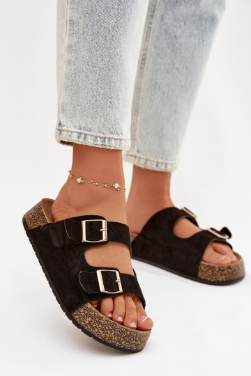 Zwarte damesplatformslippers met gouden gespen „Tovessa"