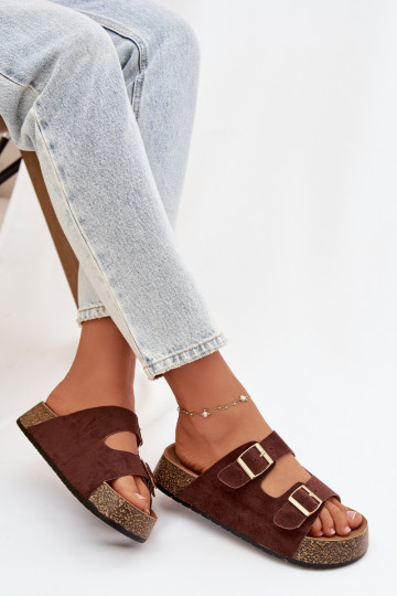 Damespantoffels met platform Ze gouden kleurmi met gespenmi bruine kleur Tovessa