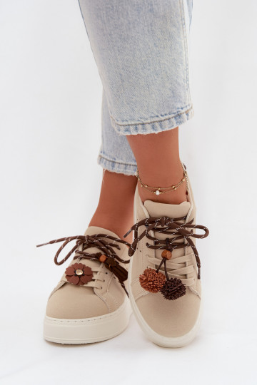 Sneakers Stilvollllschuhe Feminin mit einer Plattform Mit Dekorationeni Pomponami Beige Corinna